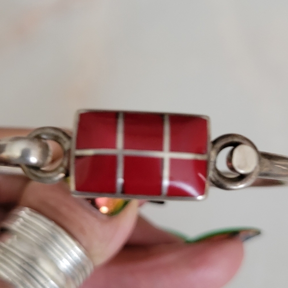 Mexican Sterling Silver And Coral Bangle - Picture 2 of 6